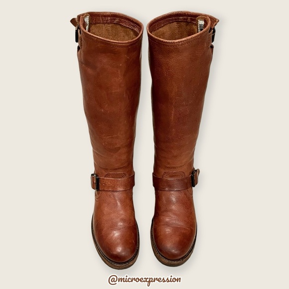 $399 Frye Veronica Slouch Cognac Brown Real Leather Engineer Knee/Calf High Boot - Picture 9 of 15